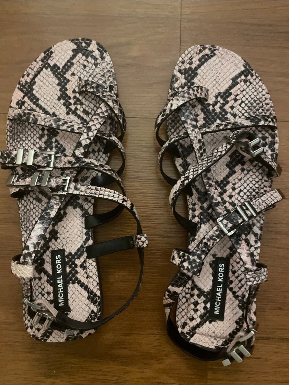 Michael Kors leather Pink and Black Snake-Print Strappy Sandals,8.5 size,new - Picture 1 of 2